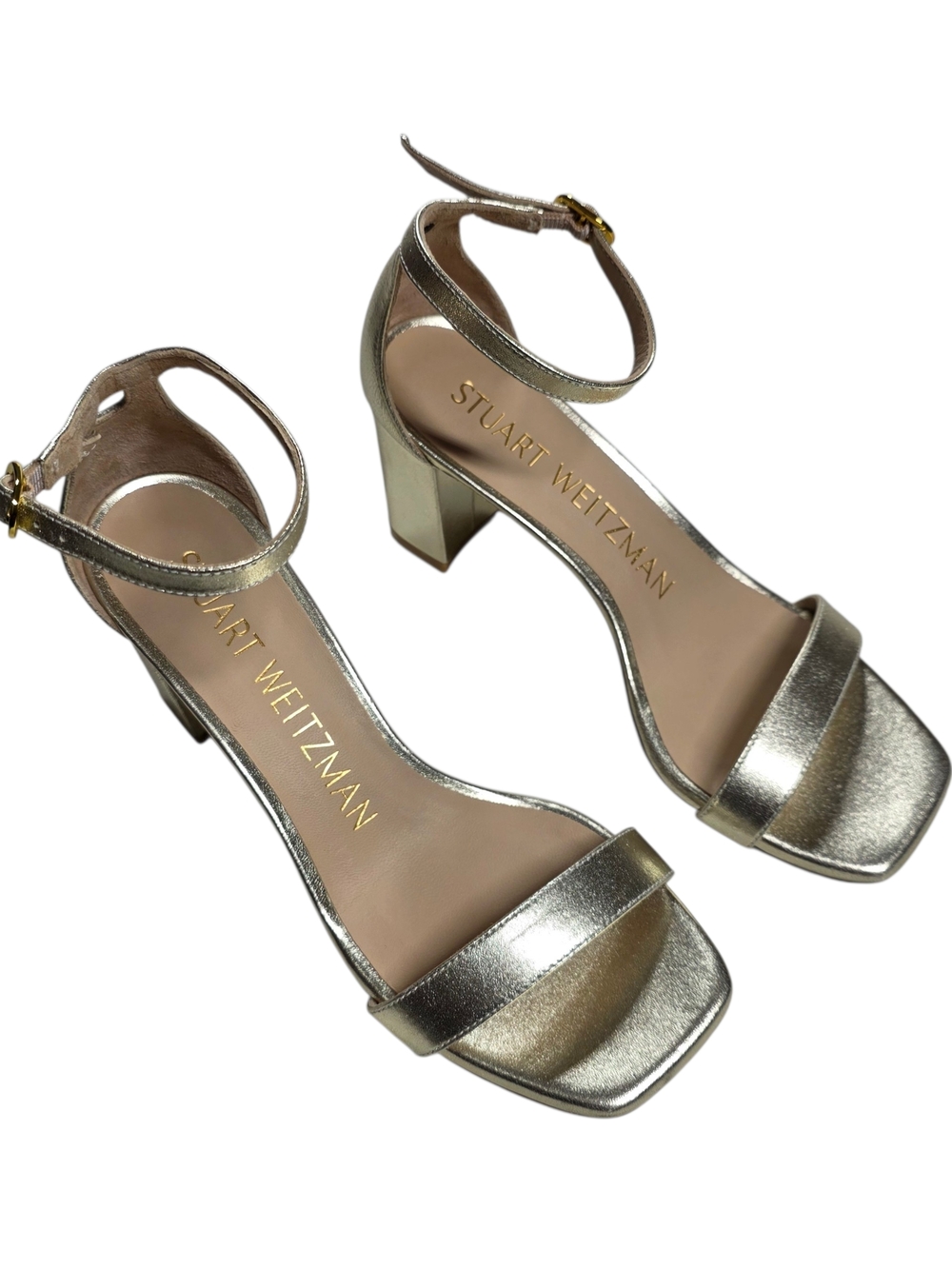 Stuart Weitzman Gold Metallic Ankle Strap Block Heel Sandals